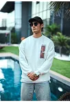 Erkek 3 İplik Pamuklu Bisiklet Yaka Ön Ve Arka Baskılı Sweatshirt - Beyaz