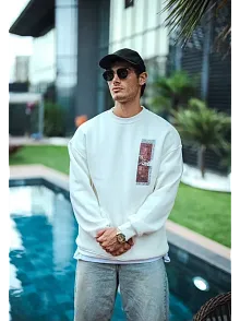 Erkek 3 İplik Pamuklu Bisiklet Yaka Ön Ve Arka Baskılı Sweatshirt - Beyaz