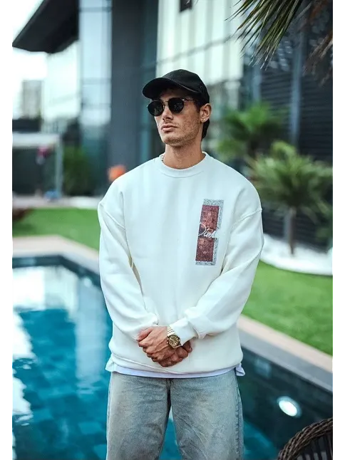 Erkek 3 İplik Pamuklu Bisiklet Yaka Ön Ve Arka Baskılı Sweatshirt - Beyaz