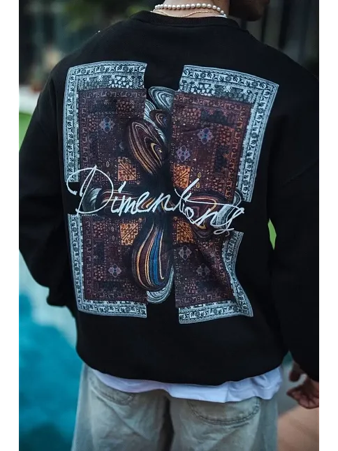 Erkek 3 İplik Pamuklu Bisiklet Yaka Ön Ve Arka Baskılı Sweatshirt - Siyah