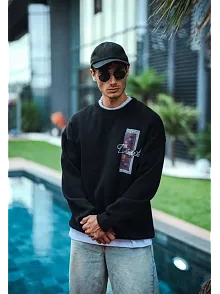 Erkek 3 İplik Pamuklu Bisiklet Yaka Ön Ve Arka Baskılı Sweatshirt - Siyah