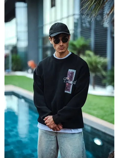 Erkek 3 İplik Pamuklu Bisiklet Yaka Ön Ve Arka Baskılı Sweatshirt - Siyah