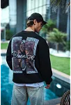 Erkek 3 İplik Pamuklu Bisiklet Yaka Ön Ve Arka Baskılı Sweatshirt - Siyah