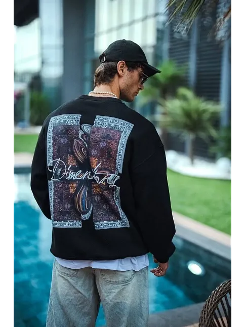 Erkek 3 İplik Pamuklu Bisiklet Yaka Ön Ve Arka Baskılı Sweatshirt - Siyah