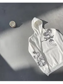 Erkek 3 İplik Pamuklu Kapüşonlu Baskılı Cepli Oversize Sweatshirt Hoodie - Beyaz