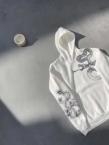 Erkek 3 İplik Pamuklu Kapüşonlu Baskılı Cepli Oversize Sweatshirt Hoodie - Beyaz