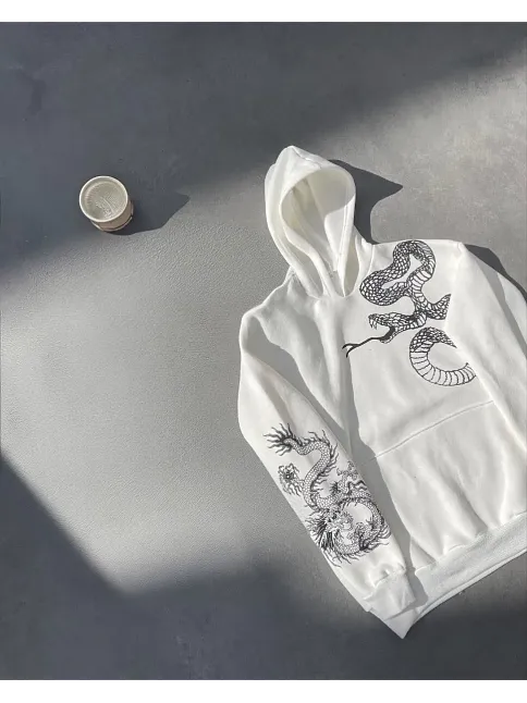 Erkek 3 İplik Pamuklu Kapüşonlu Baskılı Cepli Oversize Sweatshirt Hoodie - Beyaz
