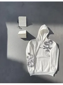 Kadın Oversize Kapüşonlu Kanguru Cepli Baskılı 3 İplik Pamuklu Sweatshirt Hoodie -   Beyaz