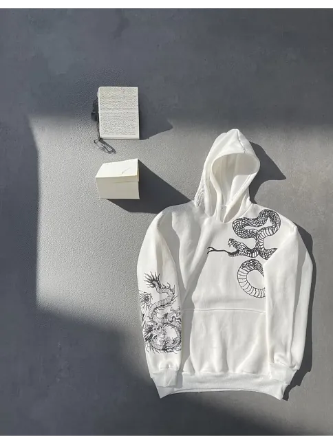 Kadın Oversize Kapüşonlu Kanguru Cepli Baskılı 3 İplik Pamuklu Sweatshirt Hoodie -   Beyaz