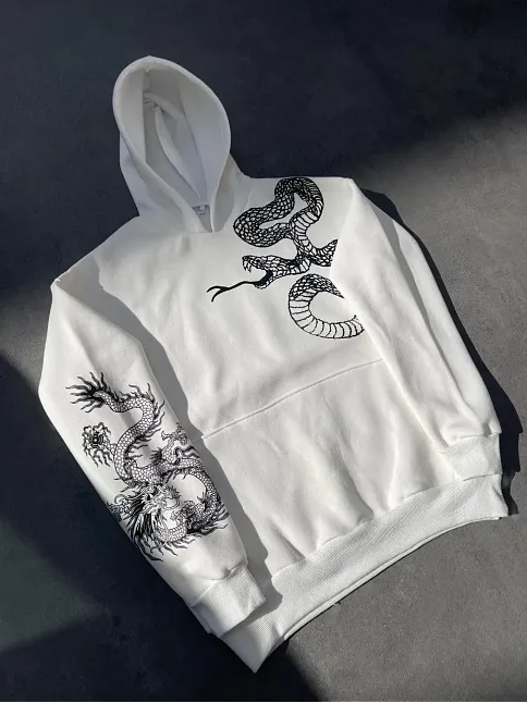 Kadın Oversize Kapüşonlu Kanguru Cepli Baskılı 3 İplik Pamuklu Sweatshirt Hoodie -   Beyaz