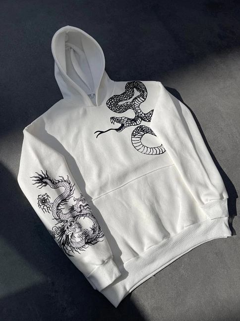 Kadın Oversize Kapüşonlu Kanguru Cepli Baskılı 3 İplik Pamuklu Sweatshirt Hoodie -   Beyaz