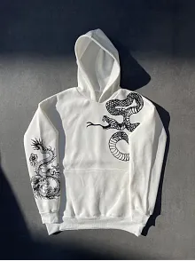 Kadın Oversize Kapüşonlu Kanguru Cepli Baskılı 3 İplik Pamuklu Sweatshirt Hoodie -   Beyaz