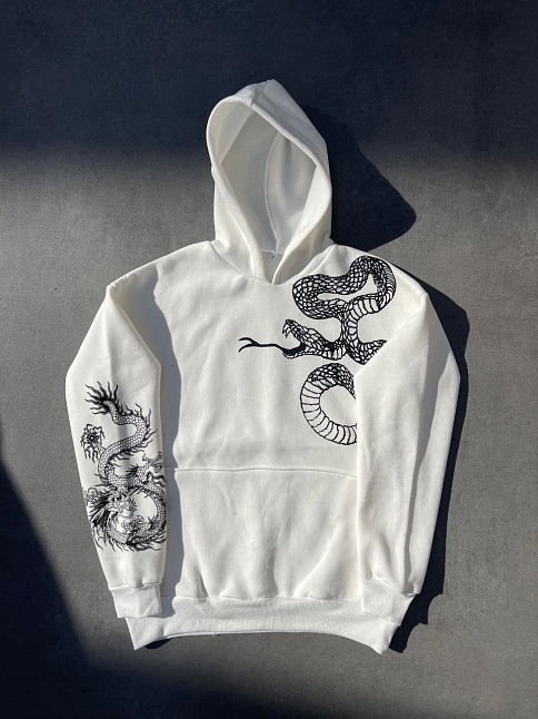 Kadın Oversize Kapüşonlu Kanguru Cepli Baskılı 3 İplik Pamuklu Sweatshirt Hoodie -   Beyaz