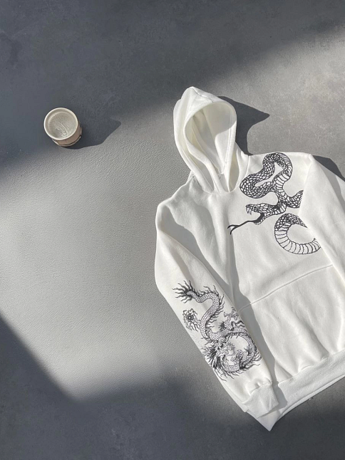 Kadın Oversize Kapüşonlu Kanguru Cepli Baskılı 3 İplik Pamuklu Sweatshirt Hoodie -   Beyaz