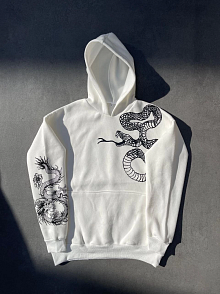 Erkek 3 İplik Pamuklu Kapüşonlu Baskılı Cepli Oversize Sweatshirt Hoodie - Beyaz