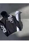 Erkek 3 İplik Pamuklu Kapüşonlu Baskılı Cepli Oversize Sweatshirt Hoodie - Siyah