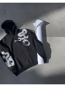 Kadın Oversize Kapüşonlu Cepli Baskılı 3 İplik Pamuklu Hoodie Sweatshirt - Siyah