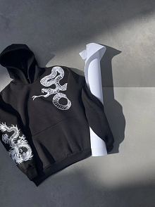 Erkek 3 İplik Pamuklu Kapüşonlu Baskılı Cepli Oversize Sweatshirt Hoodie - Siyah