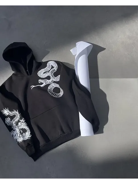 Erkek 3 İplik Pamuklu Kapüşonlu Baskılı Cepli Oversize Sweatshirt Hoodie - Siyah