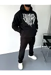 Erkek Kapüşonlu Kanguru Cepli Sweatshirt 3 İplik Pamuklu Baskılı Hoodie -  Siyah