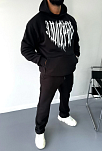 Erkek Kapüşonlu Kanguru Cepli Sweatshirt 3 İplik Pamuklu Baskılı Hoodie -  Siyah