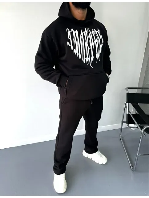 Erkek Kapüşonlu Kanguru Cepli Sweatshirt 3 İplik Pamuklu Baskılı Hoodie -  Siyah