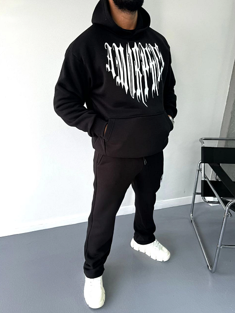 Erkek Kapüşonlu Kanguru Cepli Sweatshirt 3 İplik Pamuklu Baskılı Hoodie -  Siyah