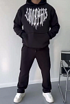 Erkek Kapüşonlu Kanguru Cepli Sweatshirt 3 İplik Pamuklu Baskılı Hoodie -  Siyah