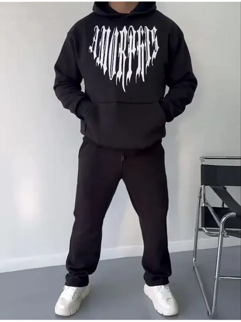Erkek Kapüşonlu Kanguru Cepli Sweatshirt 3 İplik Pamuklu Baskılı Hoodie -  Siyah