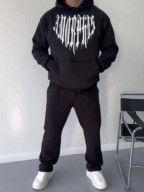 Erkek Kapüşonlu Kanguru Cepli Sweatshirt 3 İplik Pamuklu Baskılı Hoodie -  Siyah