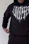 Erkek Kapüşonlu Kanguru Cepli Sweatshirt 3 İplik Pamuklu Baskılı Hoodie -  Siyah