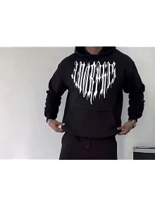 Erkek Kapüşonlu Kanguru Cepli Sweatshirt 3 İplik Pamuklu Baskılı Hoodie -  Siyah