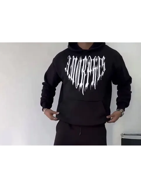 Erkek Kapüşonlu Kanguru Cepli Sweatshirt 3 İplik Pamuklu Baskılı Hoodie -  Siyah