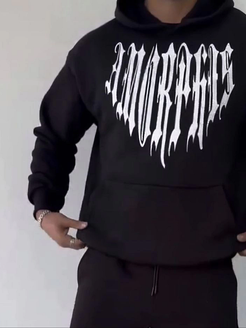 Erkek Kapüşonlu Kanguru Cepli Sweatshirt 3 İplik Pamuklu Baskılı Hoodie -  Siyah
