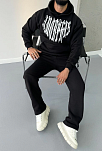 Erkek Kapüşonlu Kanguru Cepli Sweatshirt 3 İplik Pamuklu Baskılı Hoodie -  Siyah