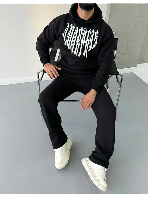 Erkek Kapüşonlu Kanguru Cepli Sweatshirt 3 İplik Pamuklu Baskılı Hoodie -  Siyah