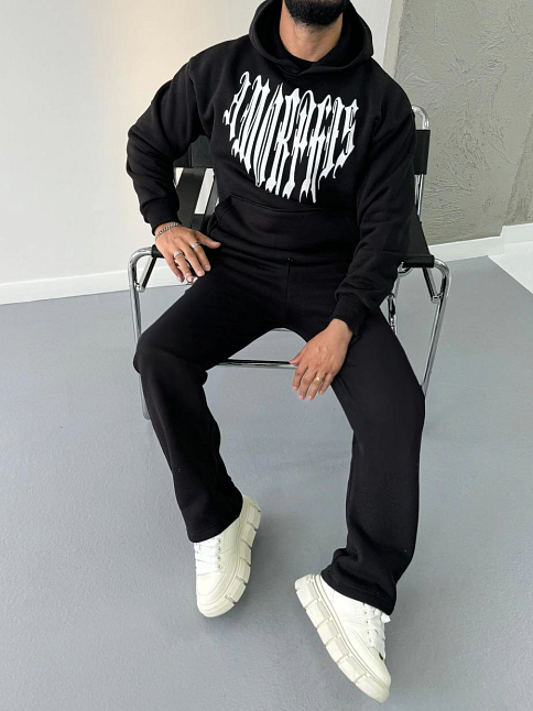 Erkek Kapüşonlu Kanguru Cepli Sweatshirt 3 İplik Pamuklu Baskılı Hoodie -  Siyah