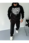 Erkek Kapüşonlu Kanguru Cepli Sweatshirt 3 İplik Pamuklu Baskılı Hoodie -  Siyah