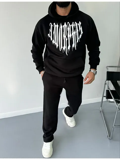 Erkek Kapüşonlu Kanguru Cepli Sweatshirt 3 İplik Pamuklu Baskılı Hoodie -  Siyah