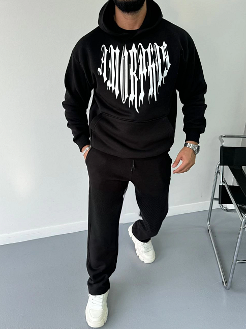 Erkek Kapüşonlu Kanguru Cepli Sweatshirt 3 İplik Pamuklu Baskılı Hoodie -  Siyah