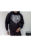 Erkek Kapüşonlu Kanguru Cepli Sweatshirt 3 İplik Pamuklu Baskılı Hoodie -  Siyah