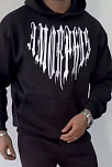 Erkek Kapüşonlu Kanguru Cepli Sweatshirt 3 İplik Pamuklu Baskılı Hoodie -  Siyah
