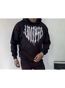 Erkek Kapüşonlu Kanguru Cepli Sweatshirt 3 İplik Pamuklu Baskılı Hoodie -  Siyah