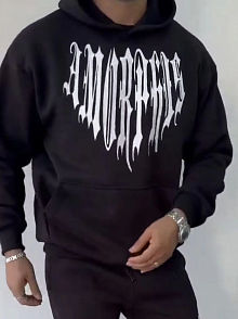 Erkek Kapüşonlu Kanguru Cepli Sweatshirt 3 İplik Pamuklu Baskılı Hoodie -  Siyah