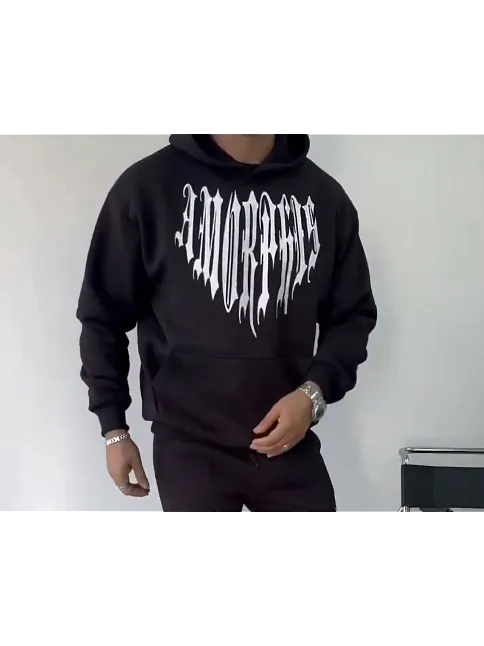 Erkek Kapüşonlu Kanguru Cepli Sweatshirt 3 İplik Pamuklu Baskılı Hoodie -  Siyah