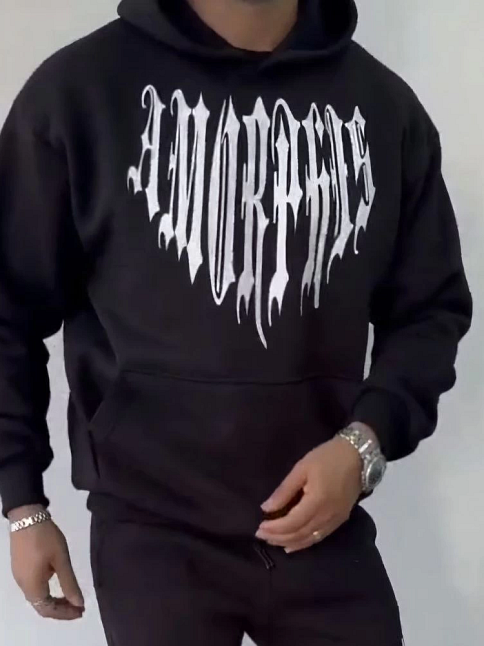 Erkek Kapüşonlu Kanguru Cepli Sweatshirt 3 İplik Pamuklu Baskılı Hoodie -  Siyah