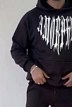 Erkek Kapüşonlu Kanguru Cepli Sweatshirt 3 İplik Pamuklu Baskılı Hoodie -  Siyah