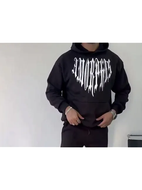 Erkek Kapüşonlu Kanguru Cepli Sweatshirt 3 İplik Pamuklu Baskılı Hoodie -  Siyah
