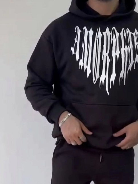 Erkek Kapüşonlu Kanguru Cepli Sweatshirt 3 İplik Pamuklu Baskılı Hoodie -  Siyah
