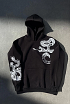 Erkek 3 İplik Pamuklu Kapüşonlu Baskılı Cepli Oversize Sweatshirt Hoodie - Siyah